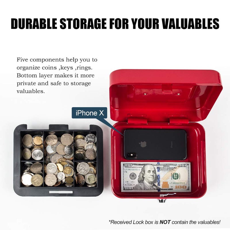 Kyodoled Medium Cash Box with Money Tray,Small Safe Lock Box with Key,Cash Drawer,7.87"x 6.30"x 3.54" Red Medium - Image 4